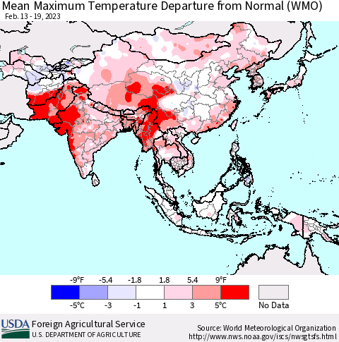 Asia Mean Maximum Temperature Departure from Normal (WMO) Thematic Map For 2/13/2023 - 2/19/2023
