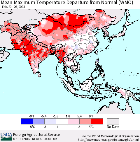Asia Mean Maximum Temperature Departure from Normal (WMO) Thematic Map For 2/20/2023 - 2/26/2023