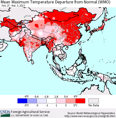 Asia Mean Maximum Temperature Departure from Normal (WMO) Thematic Map For 2/27/2023 - 3/5/2023