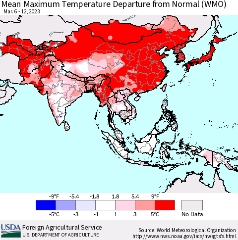 Asia Mean Maximum Temperature Departure from Normal (WMO) Thematic Map For 3/6/2023 - 3/12/2023