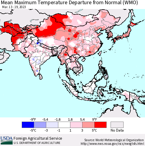 Asia Mean Maximum Temperature Departure from Normal (WMO) Thematic Map For 3/13/2023 - 3/19/2023