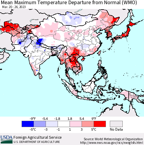 Asia Mean Maximum Temperature Departure from Normal (WMO) Thematic Map For 3/20/2023 - 3/26/2023