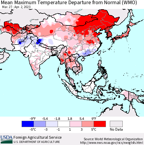 Asia Mean Maximum Temperature Departure from Normal (WMO) Thematic Map For 3/27/2023 - 4/2/2023
