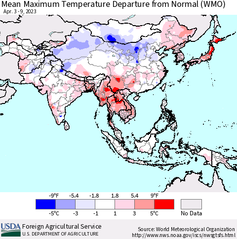 Asia Mean Maximum Temperature Departure from Normal (WMO) Thematic Map For 4/3/2023 - 4/9/2023