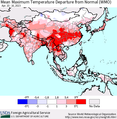 Asia Mean Maximum Temperature Departure from Normal (WMO) Thematic Map For 4/10/2023 - 4/16/2023