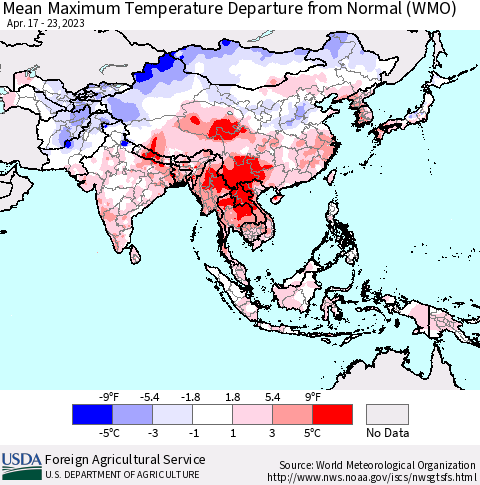 Asia Mean Maximum Temperature Departure from Normal (WMO) Thematic Map For 4/17/2023 - 4/23/2023