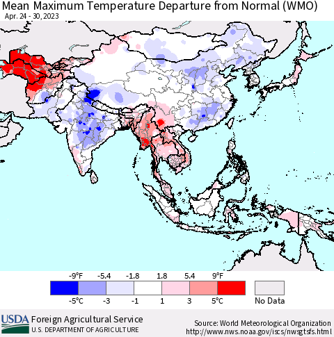 Asia Mean Maximum Temperature Departure from Normal (WMO) Thematic Map For 4/24/2023 - 4/30/2023