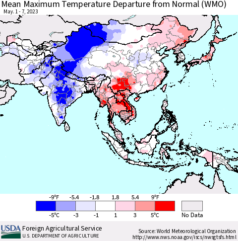 Asia Mean Maximum Temperature Departure from Normal (WMO) Thematic Map For 5/1/2023 - 5/7/2023