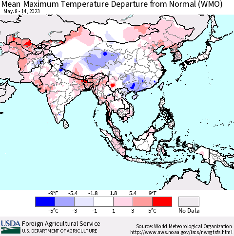Asia Mean Maximum Temperature Departure from Normal (WMO) Thematic Map For 5/8/2023 - 5/14/2023