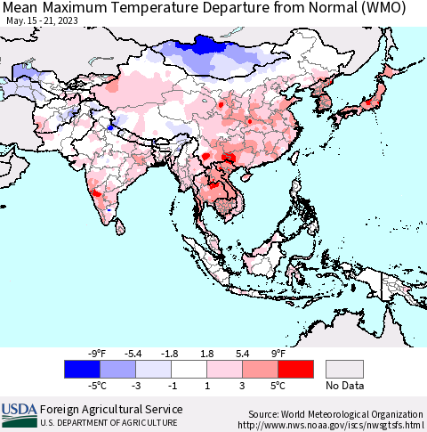Asia Mean Maximum Temperature Departure from Normal (WMO) Thematic Map For 5/15/2023 - 5/21/2023