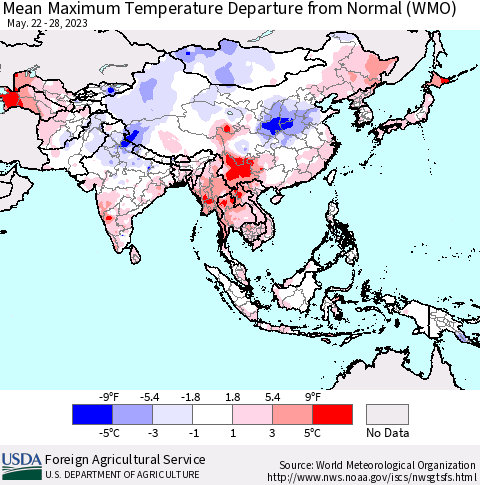Asia Mean Maximum Temperature Departure from Normal (WMO) Thematic Map For 5/22/2023 - 5/28/2023