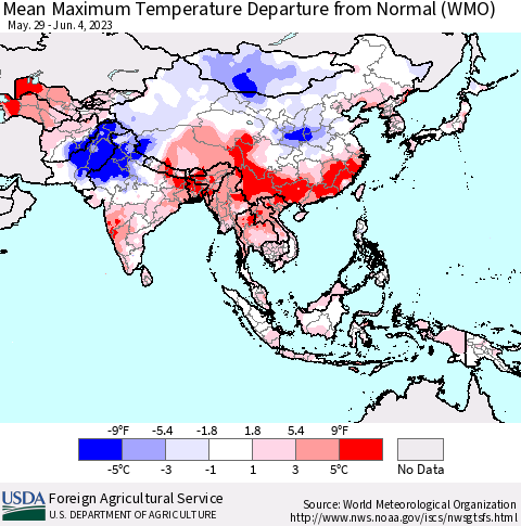 Asia Mean Maximum Temperature Departure from Normal (WMO) Thematic Map For 5/29/2023 - 6/4/2023
