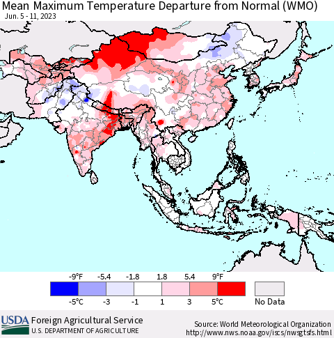 Asia Mean Maximum Temperature Departure from Normal (WMO) Thematic Map For 6/5/2023 - 6/11/2023