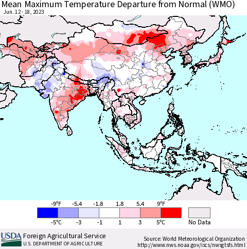 Asia Mean Maximum Temperature Departure from Normal (WMO) Thematic Map For 6/12/2023 - 6/18/2023