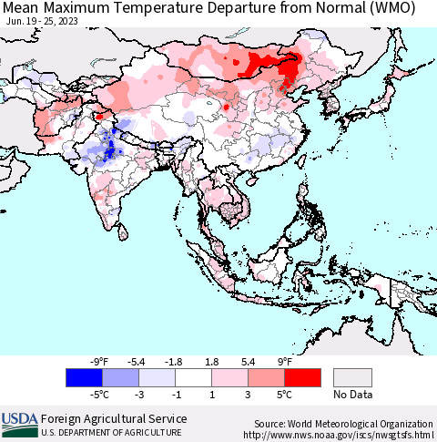Asia Mean Maximum Temperature Departure from Normal (WMO) Thematic Map For 6/19/2023 - 6/25/2023