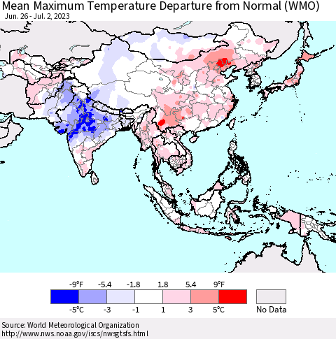 Asia Mean Maximum Temperature Departure from Normal (WMO) Thematic Map For 6/26/2023 - 7/2/2023