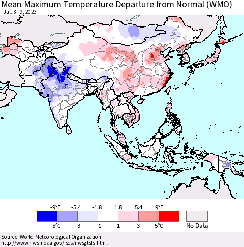 Asia Mean Maximum Temperature Departure from Normal (WMO) Thematic Map For 7/3/2023 - 7/9/2023