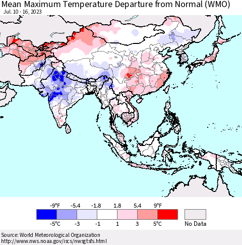 Asia Mean Maximum Temperature Departure from Normal (WMO) Thematic Map For 7/10/2023 - 7/16/2023