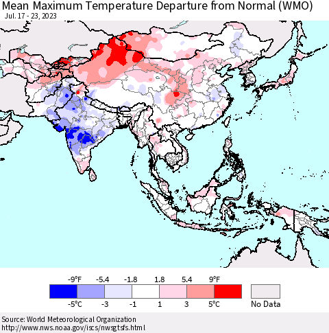 Asia Mean Maximum Temperature Departure from Normal (WMO) Thematic Map For 7/17/2023 - 7/23/2023