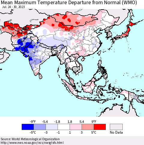 Asia Mean Maximum Temperature Departure from Normal (WMO) Thematic Map For 7/24/2023 - 7/30/2023