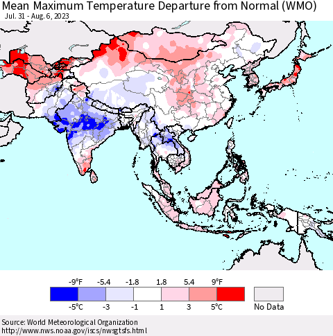 Asia Mean Maximum Temperature Departure from Normal (WMO) Thematic Map For 7/31/2023 - 8/6/2023