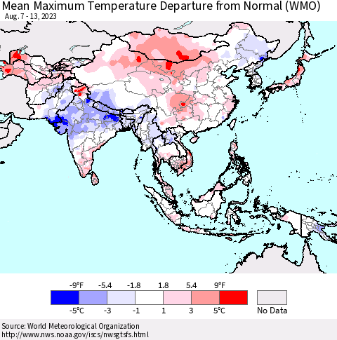 Asia Mean Maximum Temperature Departure from Normal (WMO) Thematic Map For 8/7/2023 - 8/13/2023