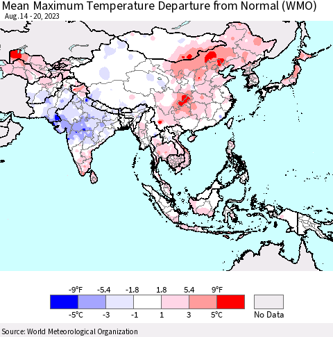 Asia Mean Maximum Temperature Departure from Normal (WMO) Thematic Map For 8/14/2023 - 8/20/2023