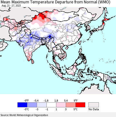 Asia Mean Maximum Temperature Departure from Normal (WMO) Thematic Map For 8/21/2023 - 8/27/2023