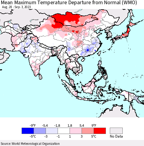 Asia Mean Maximum Temperature Departure from Normal (WMO) Thematic Map For 8/28/2023 - 9/3/2023