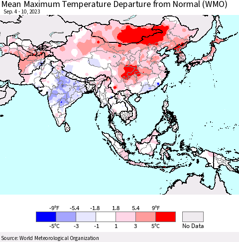 Asia Mean Maximum Temperature Departure from Normal (WMO) Thematic Map For 9/4/2023 - 9/10/2023