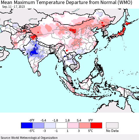 Asia Mean Maximum Temperature Departure from Normal (WMO) Thematic Map For 9/11/2023 - 9/17/2023