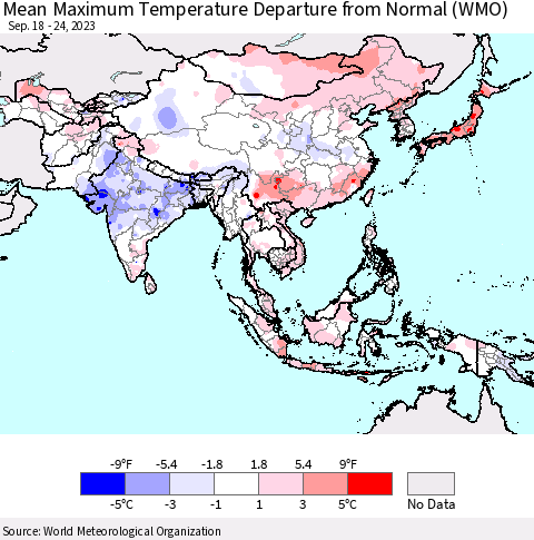 Asia Mean Maximum Temperature Departure from Normal (WMO) Thematic Map For 9/18/2023 - 9/24/2023