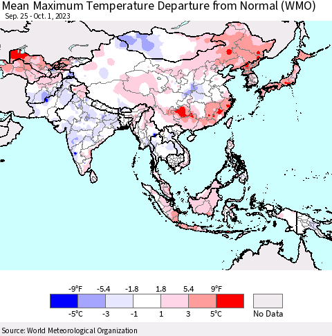 Asia Mean Maximum Temperature Departure from Normal (WMO) Thematic Map For 9/25/2023 - 10/1/2023