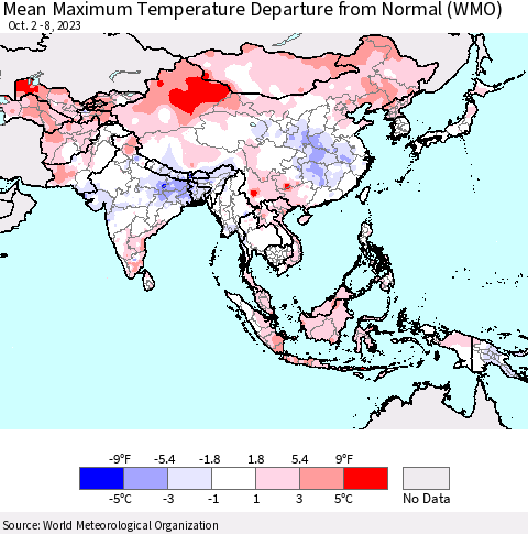 Asia Mean Maximum Temperature Departure from Normal (WMO) Thematic Map For 10/2/2023 - 10/8/2023