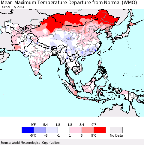 Asia Mean Maximum Temperature Departure from Normal (WMO) Thematic Map For 10/9/2023 - 10/15/2023
