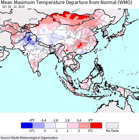 Asia Mean Maximum Temperature Departure from Normal (WMO) Thematic Map For 10/16/2023 - 10/22/2023