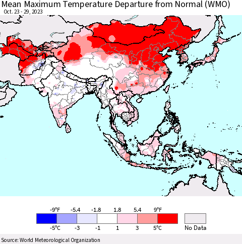 Asia Mean Maximum Temperature Departure from Normal (WMO) Thematic Map For 10/23/2023 - 10/29/2023