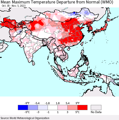 Asia Mean Maximum Temperature Departure from Normal (WMO) Thematic Map For 10/30/2023 - 11/5/2023