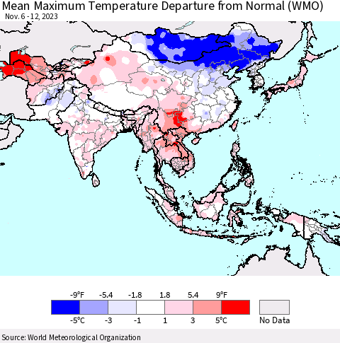 Asia Mean Maximum Temperature Departure from Normal (WMO) Thematic Map For 11/6/2023 - 11/12/2023