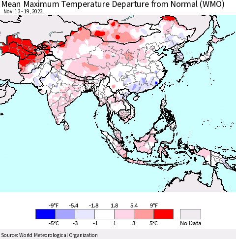 Asia Mean Maximum Temperature Departure from Normal (WMO) Thematic Map For 11/13/2023 - 11/19/2023