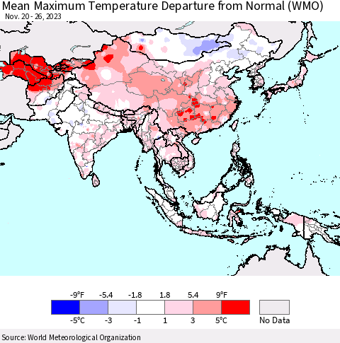 Asia Mean Maximum Temperature Departure from Normal (WMO) Thematic Map For 11/20/2023 - 11/26/2023