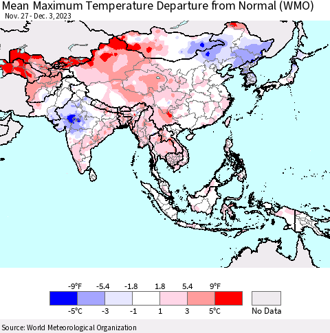 Asia Mean Maximum Temperature Departure from Normal (WMO) Thematic Map For 11/27/2023 - 12/3/2023