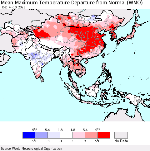 Asia Mean Maximum Temperature Departure from Normal (WMO) Thematic Map For 12/4/2023 - 12/10/2023