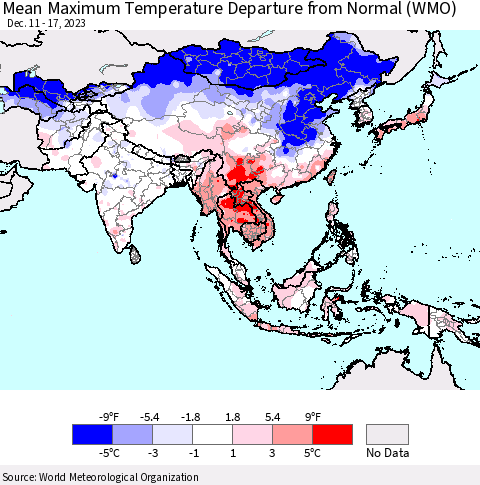 Asia Mean Maximum Temperature Departure from Normal (WMO) Thematic Map For 12/11/2023 - 12/17/2023