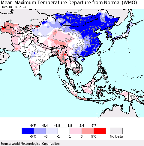 Asia Mean Maximum Temperature Departure from Normal (WMO) Thematic Map For 12/18/2023 - 12/24/2023