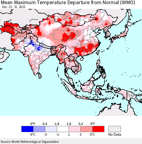 Asia Mean Maximum Temperature Departure from Normal (WMO) Thematic Map For 12/25/2023 - 12/31/2023