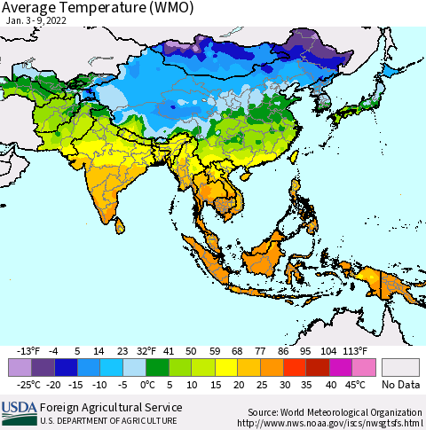 Asia Average Temperature (WMO) Thematic Map For 1/3/2022 - 1/9/2022