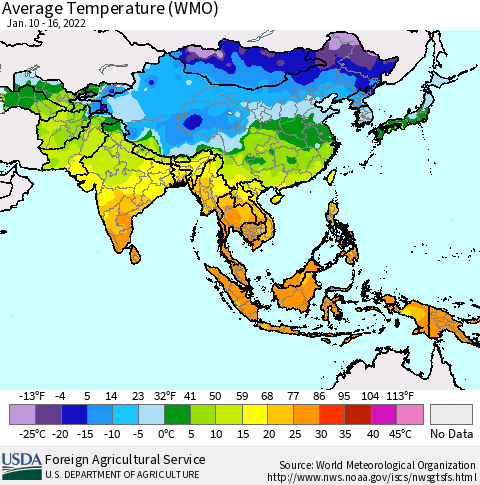 Asia Average Temperature (WMO) Thematic Map For 1/10/2022 - 1/16/2022