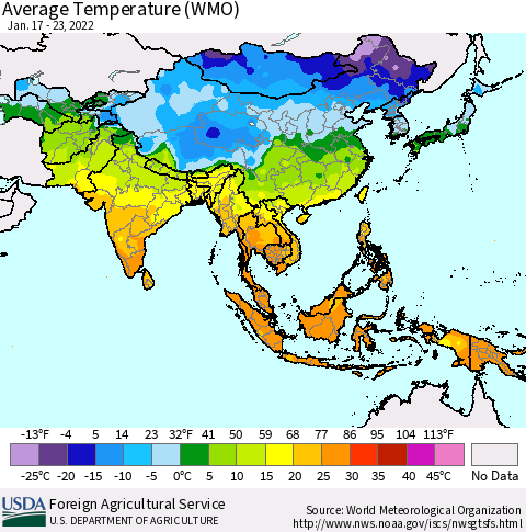 Asia Average Temperature (WMO) Thematic Map For 1/17/2022 - 1/23/2022
