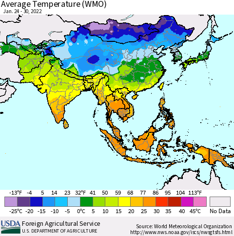 Asia Average Temperature (WMO) Thematic Map For 1/24/2022 - 1/30/2022